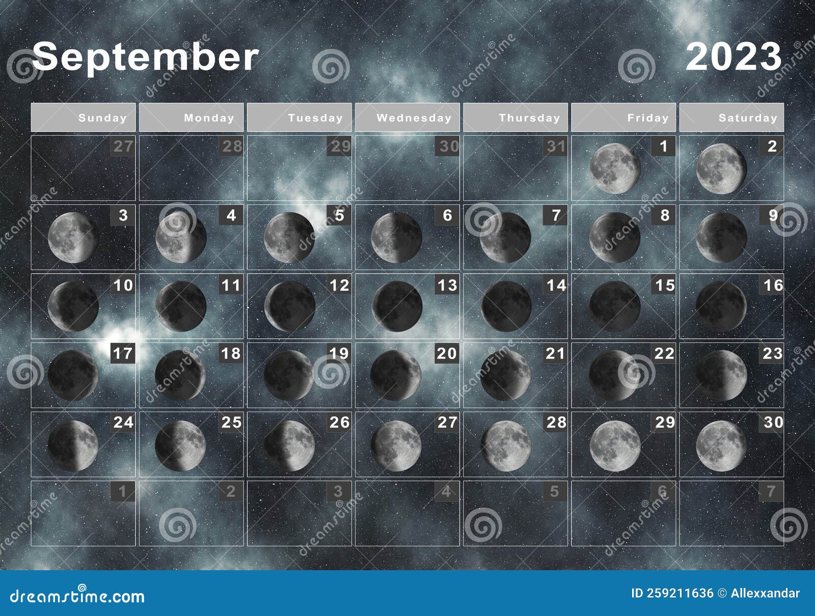 Septembre 2023 Lunaire Calendrier Lunaire Cycles Lune Illustration