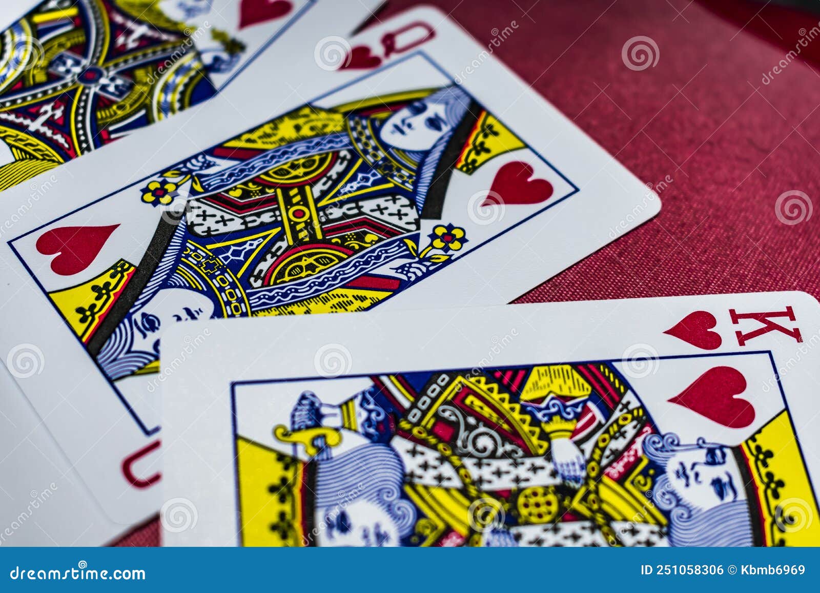 A Sequence of Jack, Queen, King Close View of Hearts Playing Card Stock