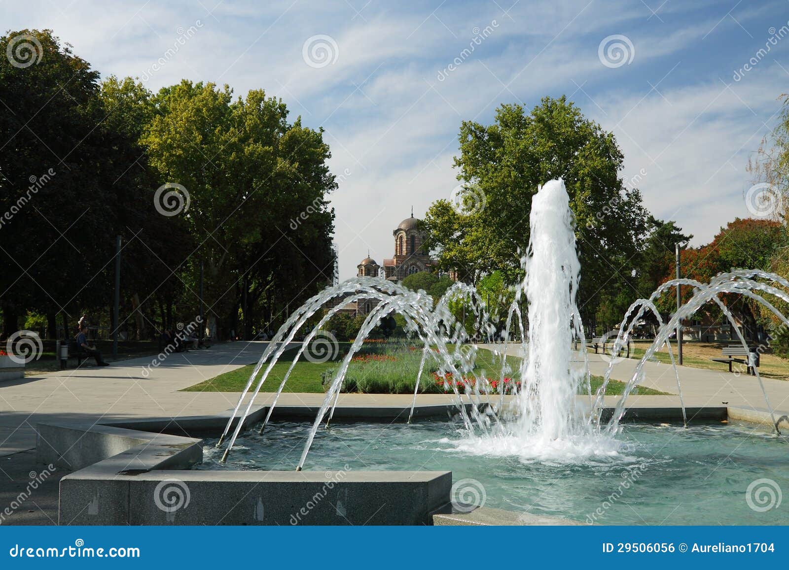 serbia, belgrad, tasmajdan park, fountain and saint mark church