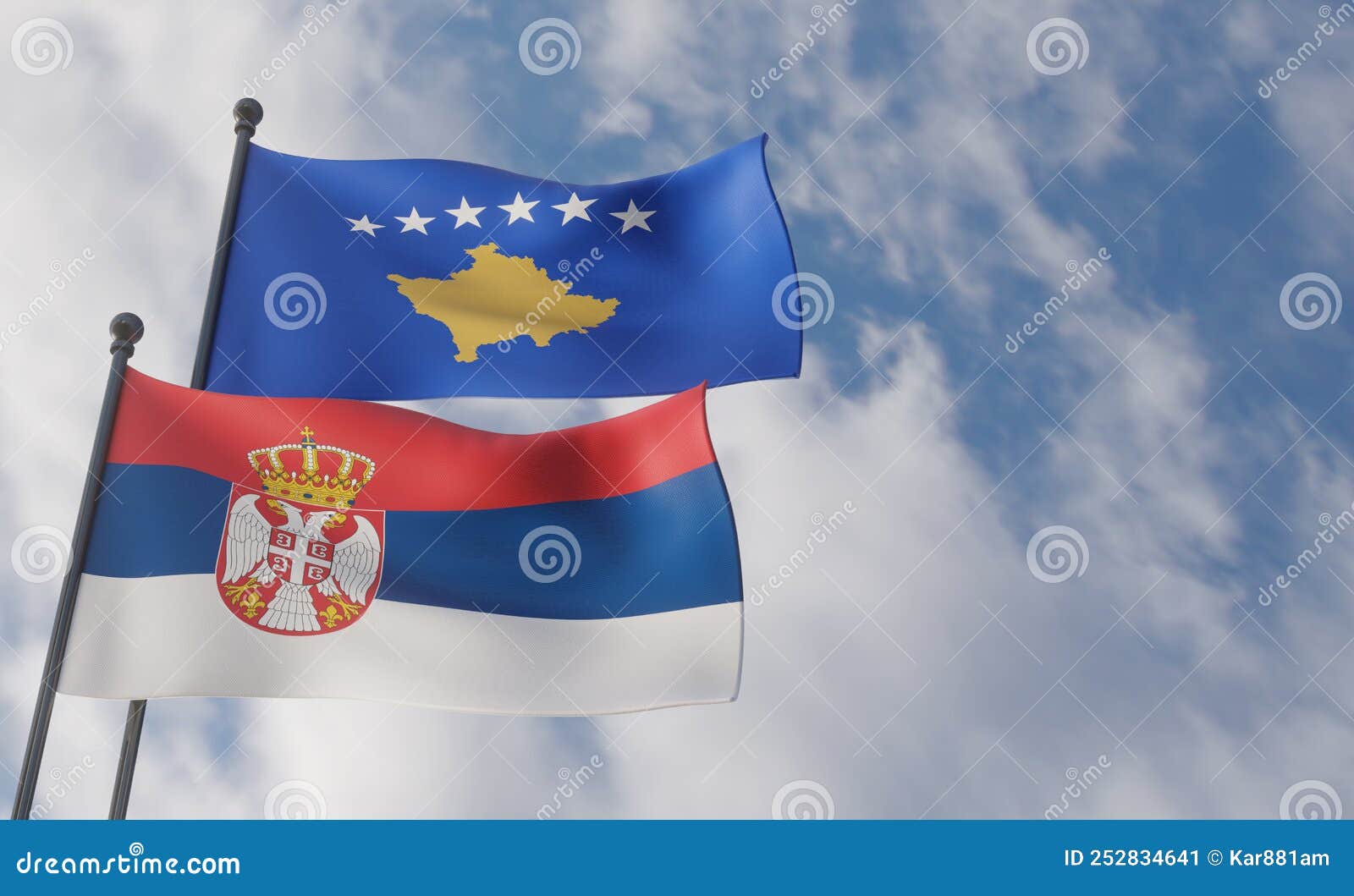 serbia and kosovo flags. blue sky and flag serbia and kosovo, 3d work and 3d image