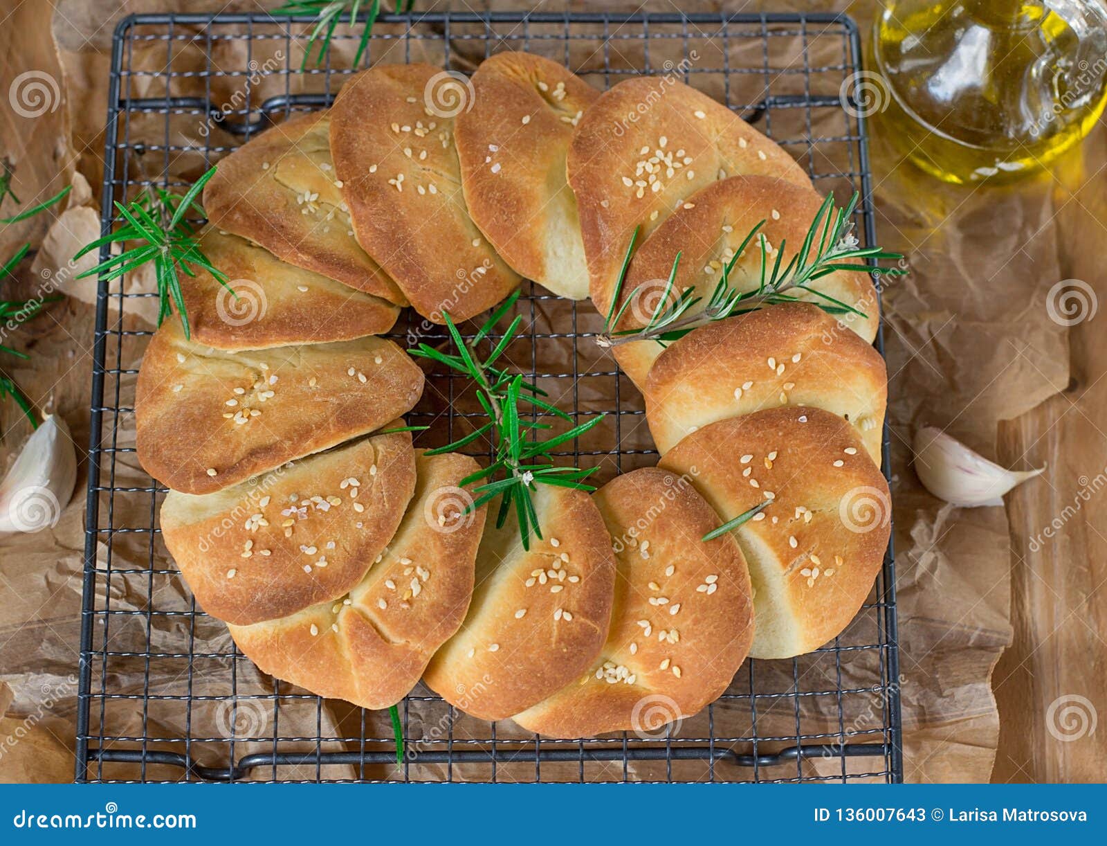 Serbian Leavened Pull Apart Flatbread Pogaca with Sesame Seeds Stock