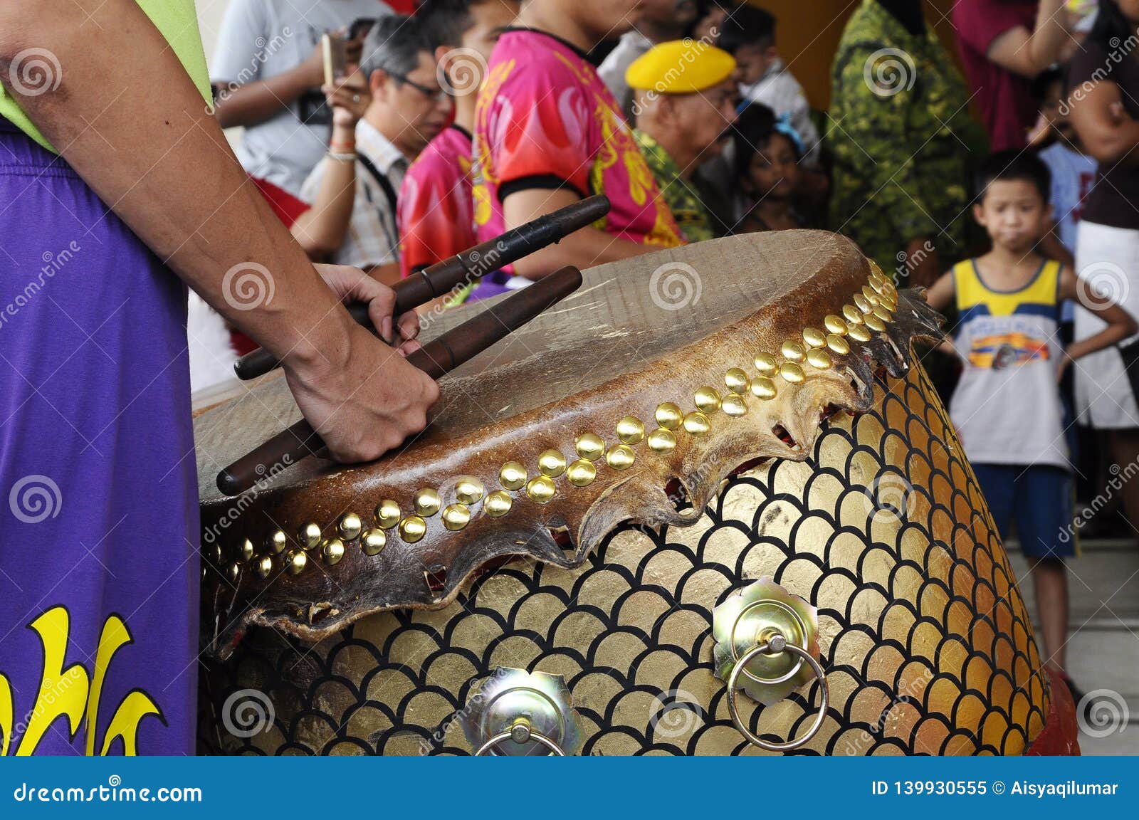 Traditional Chinese Drum. Plays Together with Lion Dance by Trained ...