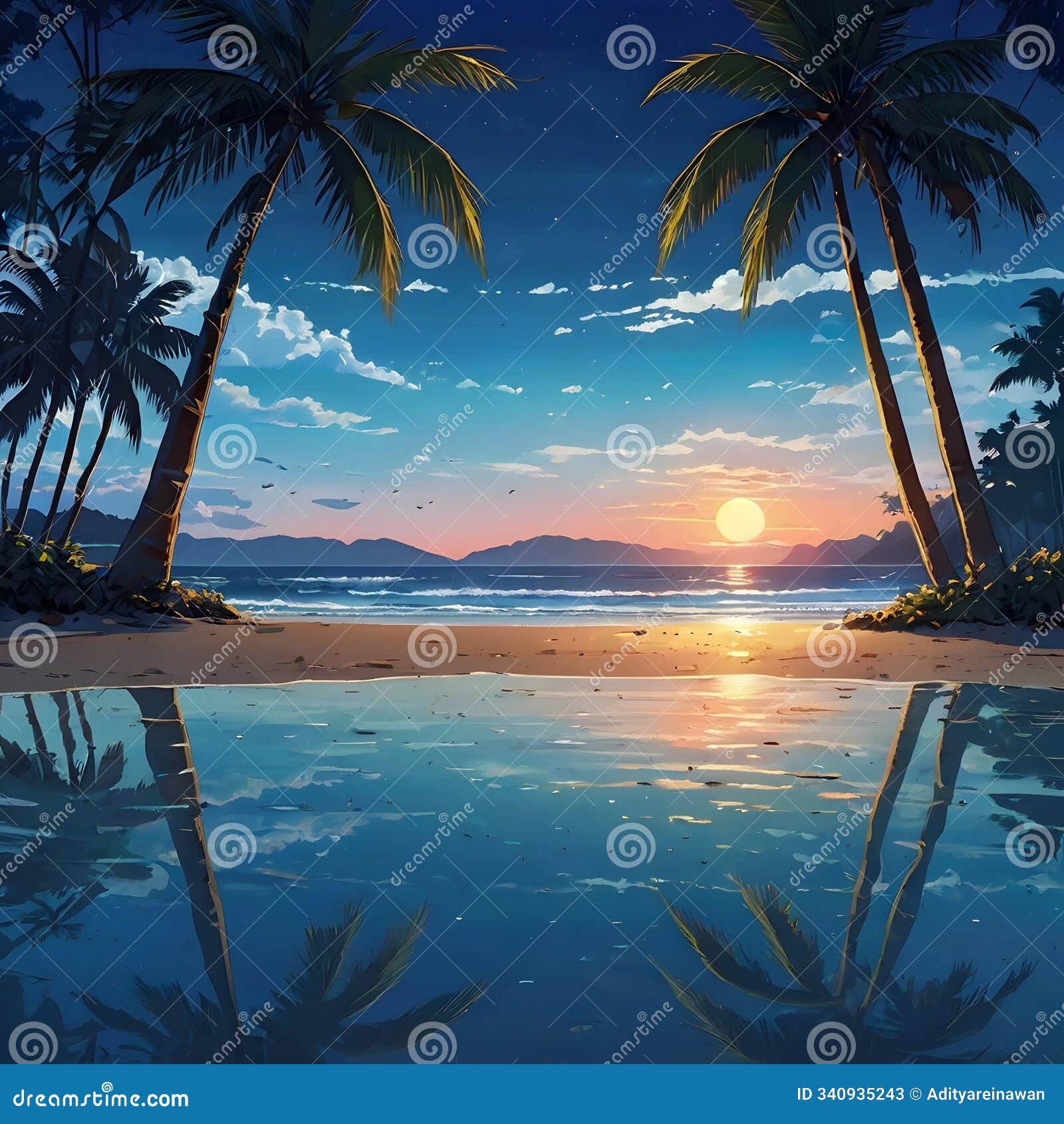serene beach at dusk with palm trees and moonlit waves -  art