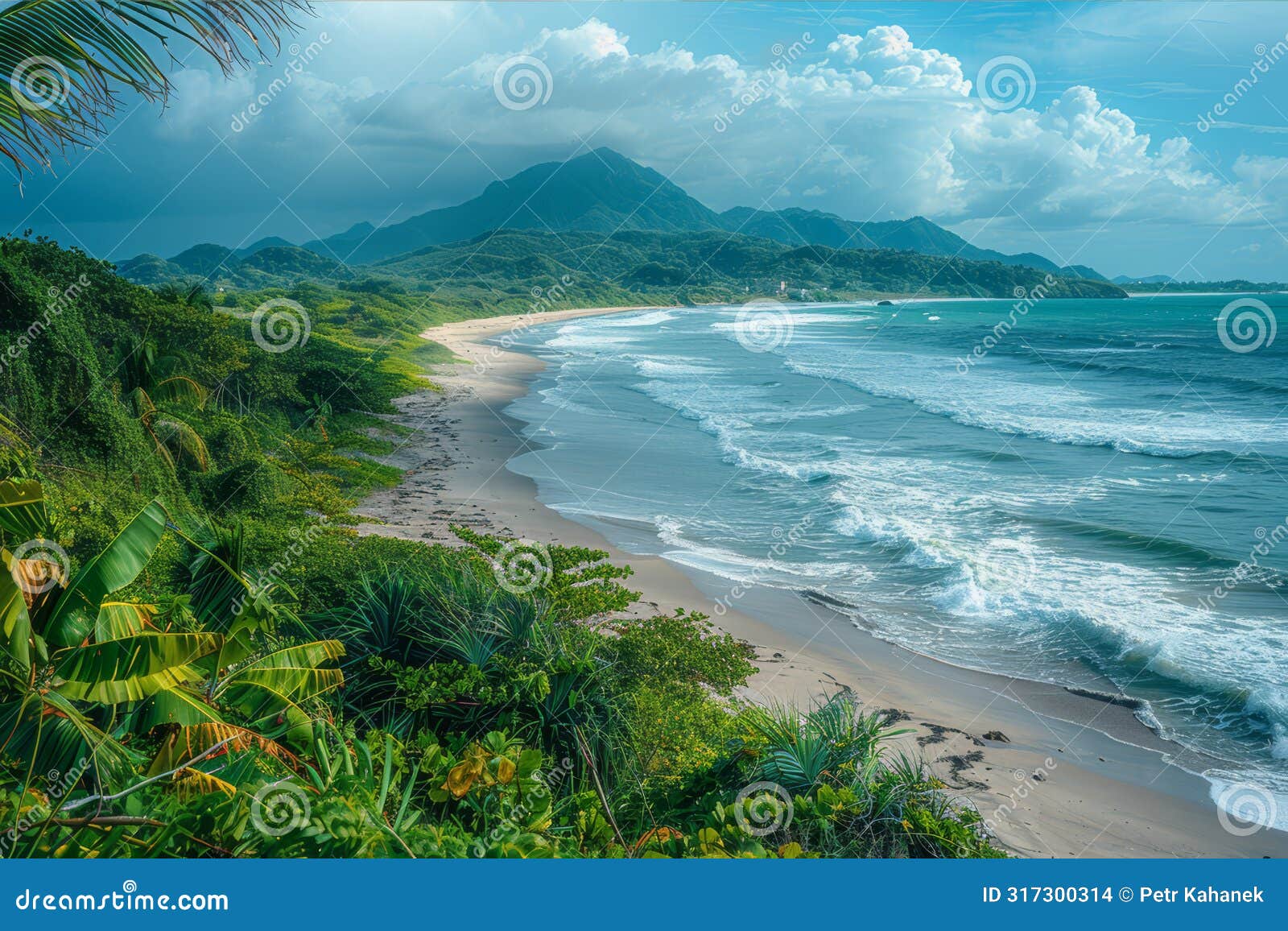 serene beach landscape with gentle waves lapping on unspoiled sandy shores surrounded by lush greenery.. ai generated.