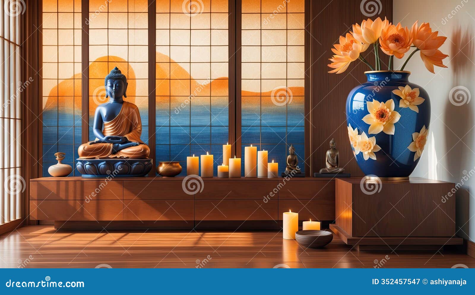 serene buddhist inspired peaceful and harmonious atmosphere