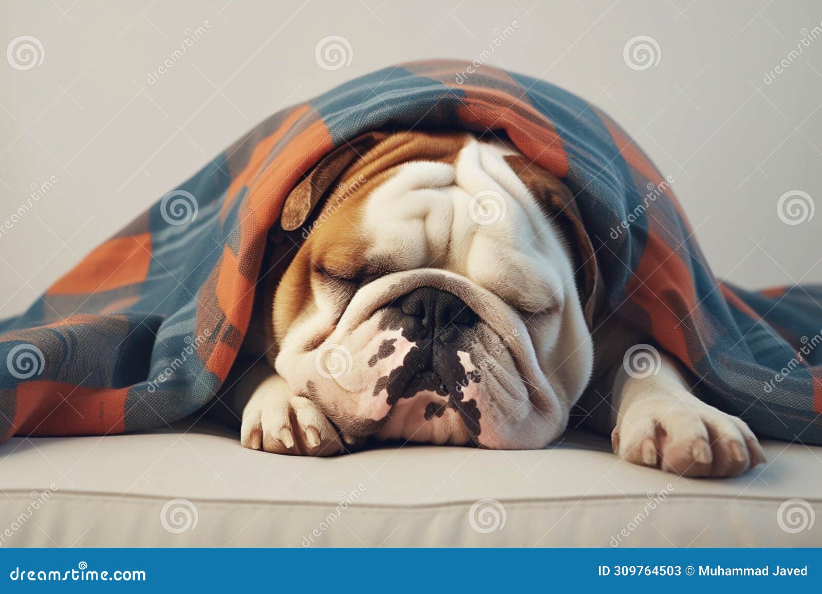 serene bulldog snoozes beneath a cozy blanket, blissfully at rest