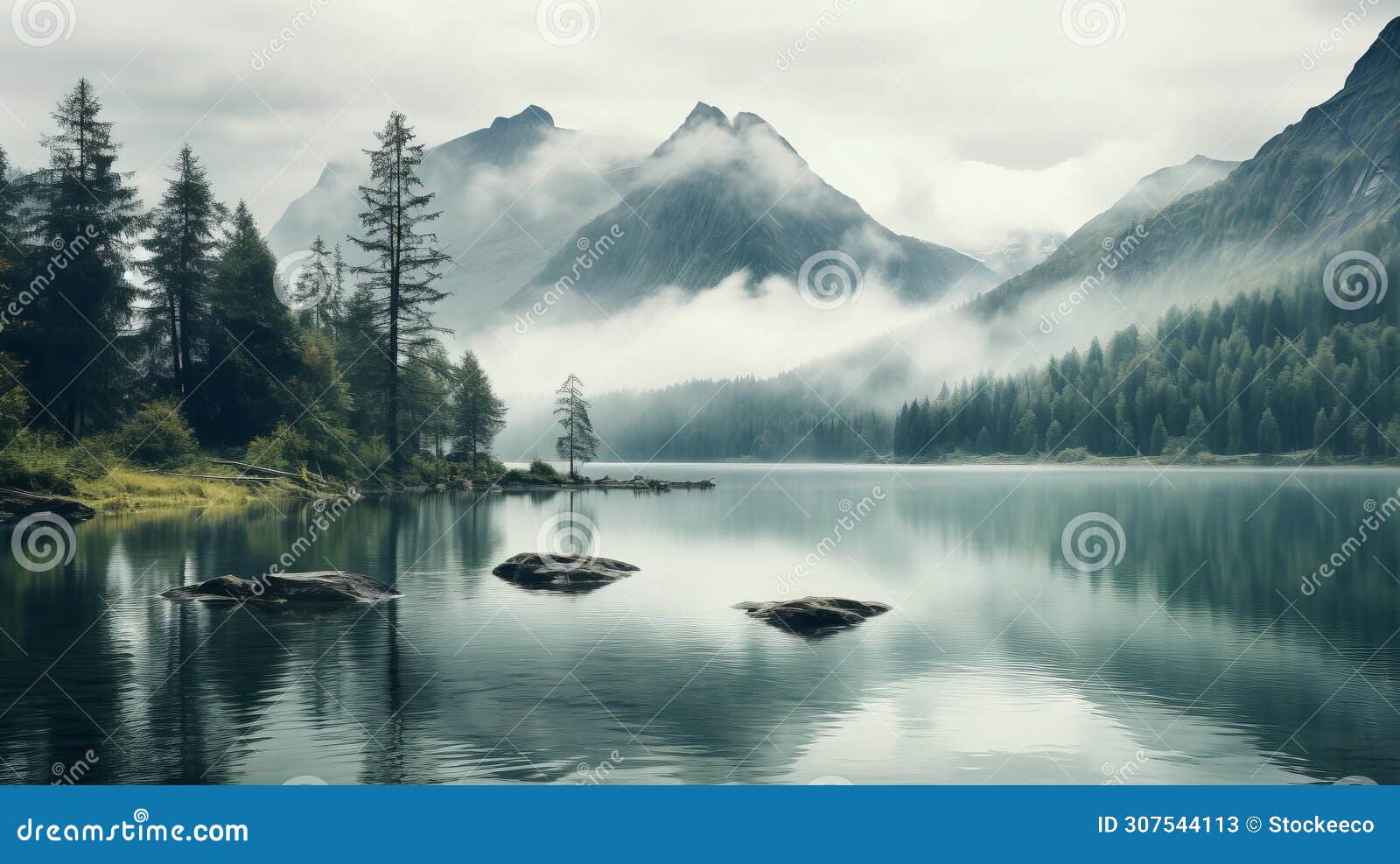 serene and calming foggy mountain lake in 8k resolution