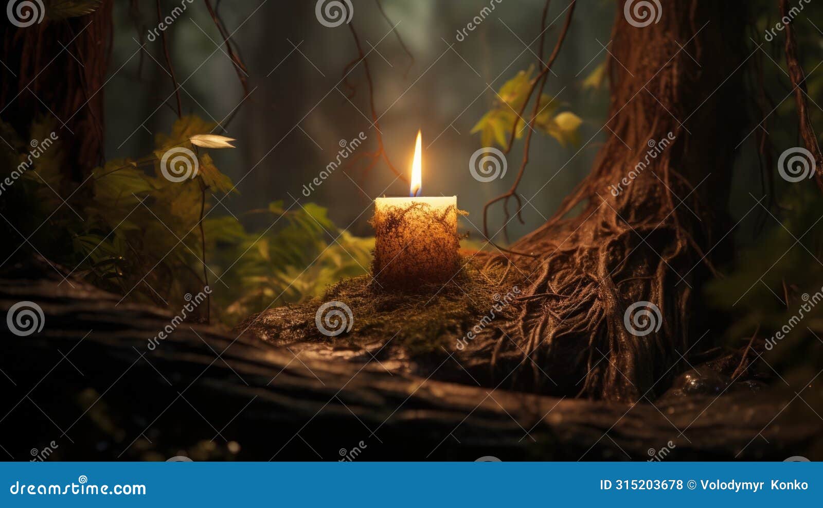 a serene candle illuminates the enchanting forest