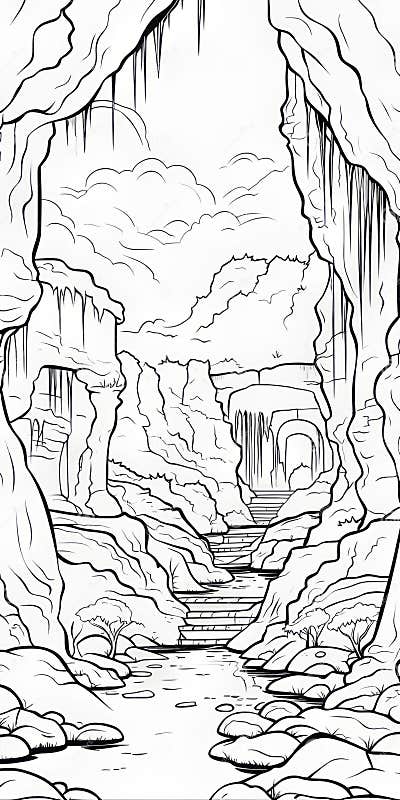 Serene Cave Coloring Book Page for Adults Stock Illustration