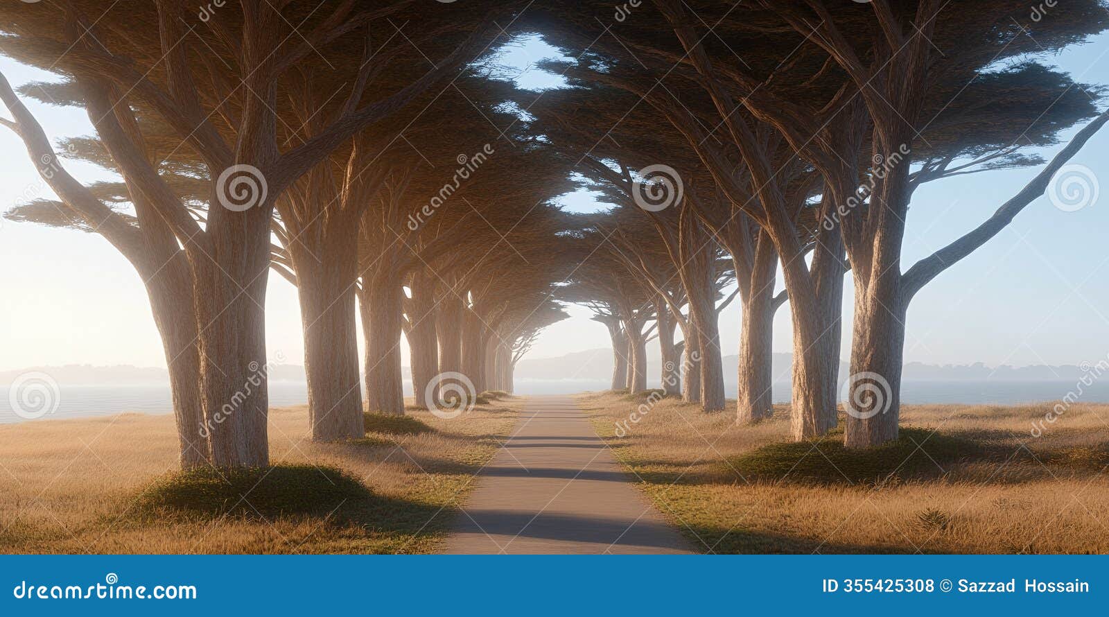 serene coastal path sunlit tree tunnel ocean view tranquil nature scene
