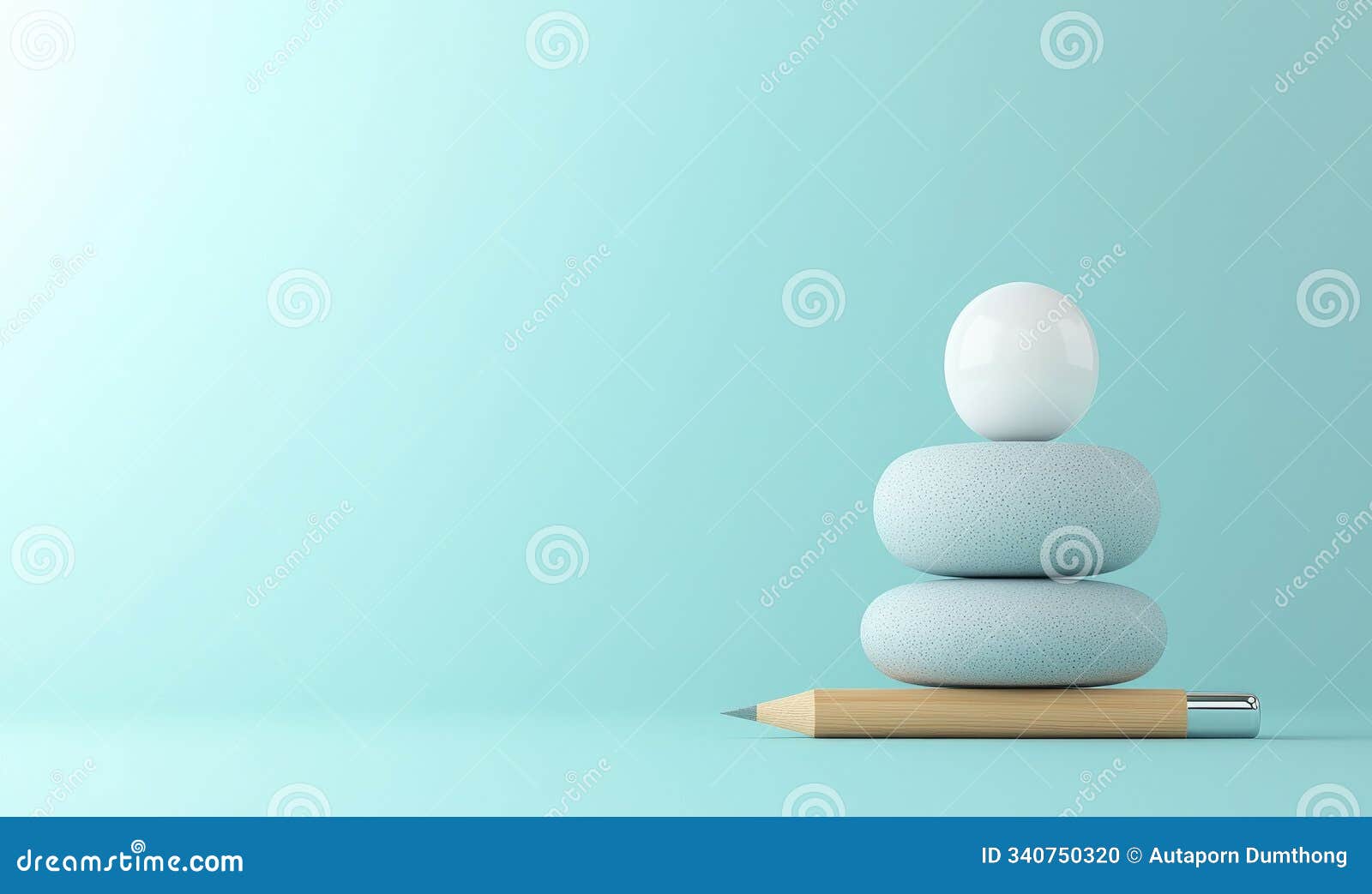 a serene composition featuring three stacked stones, a white egg, and a pencil on a soft teal background