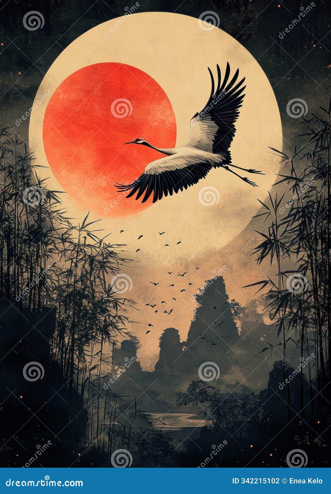 cranes and crescent moon