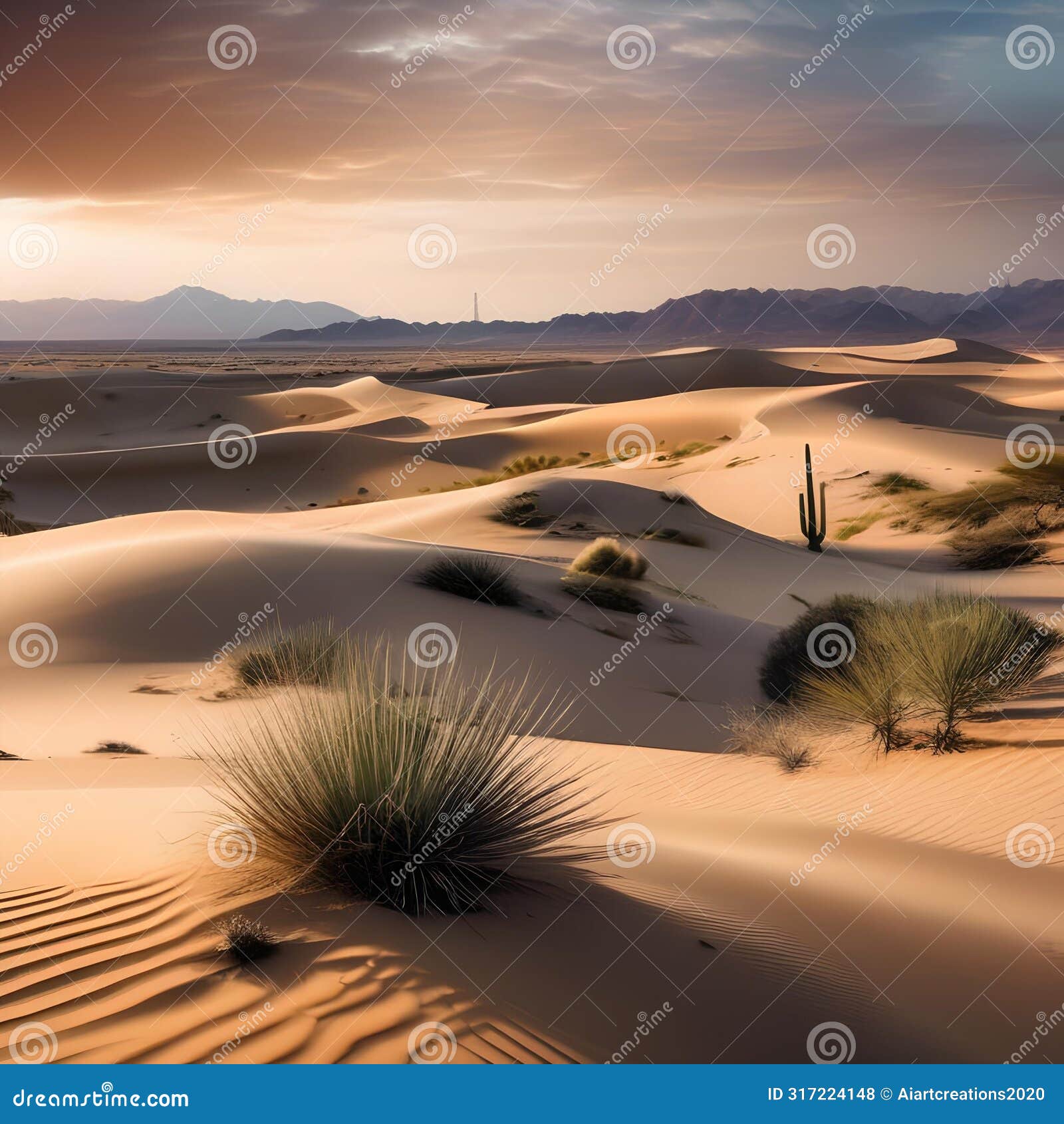 a serene desert landscape with sand dunes, cacti, and a vast open sky quiet and starkly beautiful scenery2