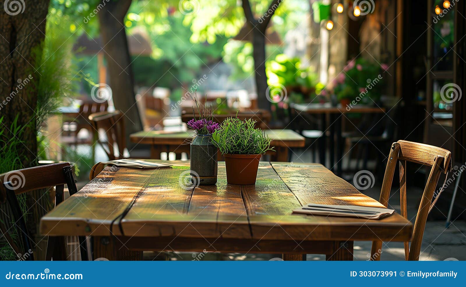 serene dining scene featuring rustic table in outdoor cafe in lush blurred garden