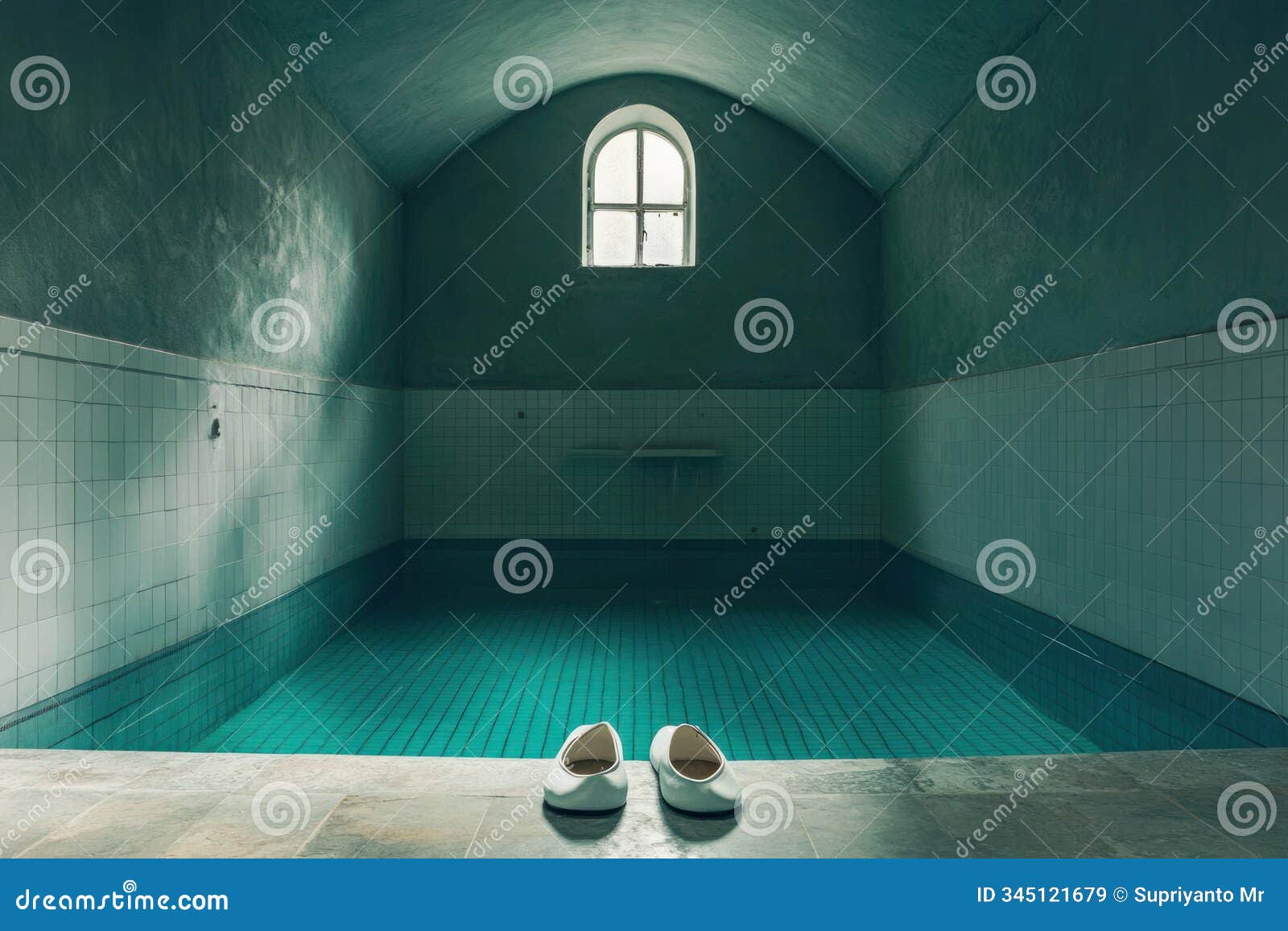 a serene, empty indoor pool with white slippers on the edge, evoking relaxation and tranquility