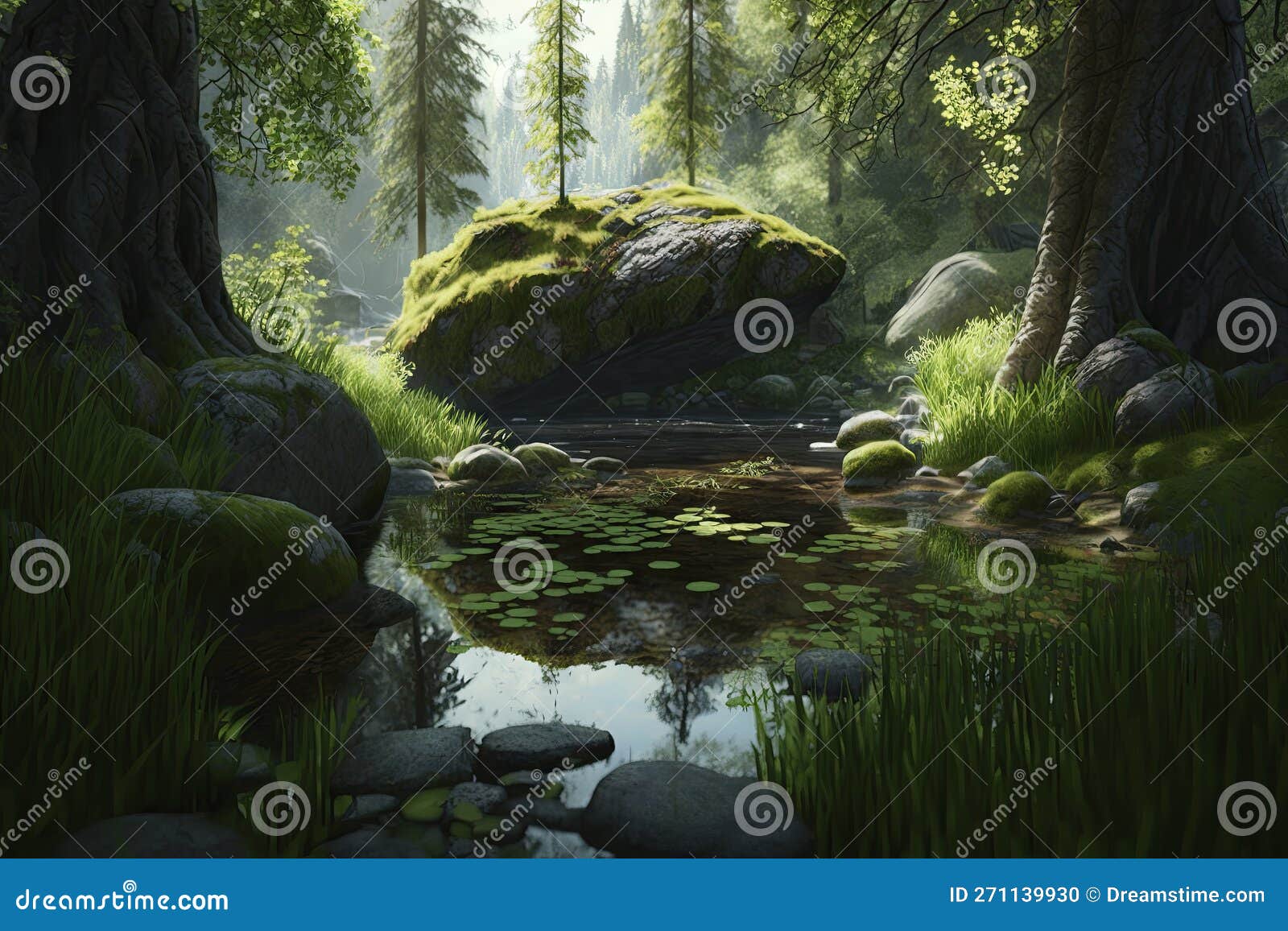 Serene Forest Glade with Tall Trees and Gentle Stream Stock ...