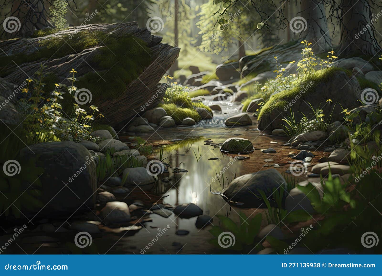 Serene Forest Glade with Tall Trees and Gentle Stream Stock ...