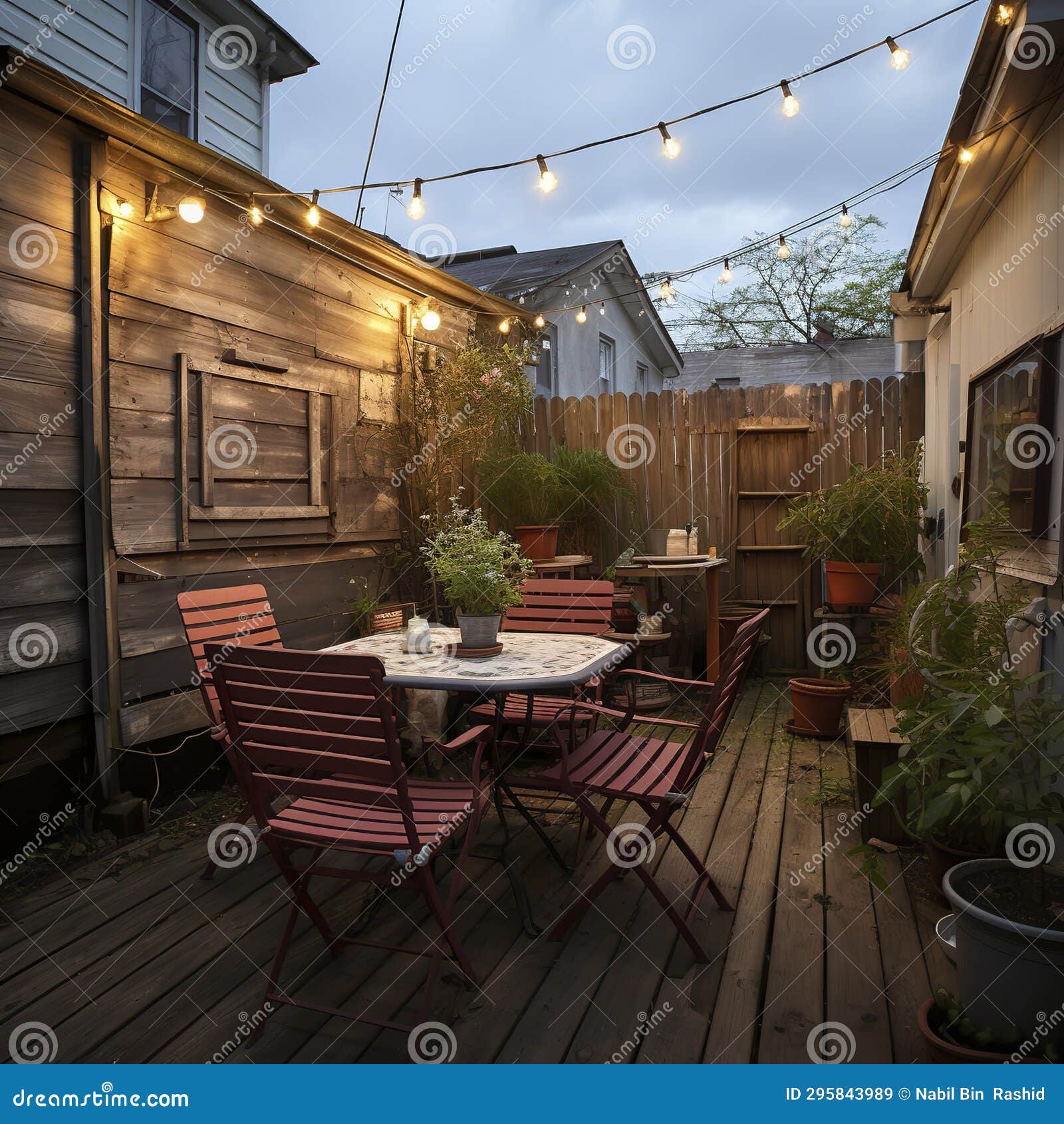 a backyard decorated with string lights lanterns for festival like new years eve christmas happy new year chinese new year and etc
