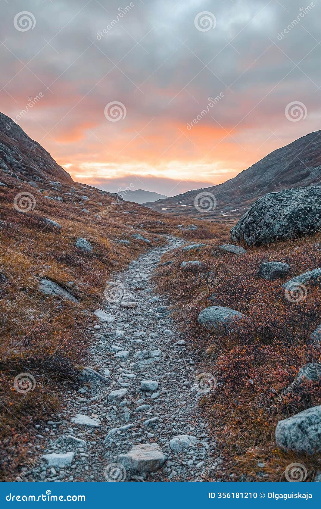 a serene hiking experience unfolds as the sun sets over a rocky nordic path, surrounded by tranquil muted colors and