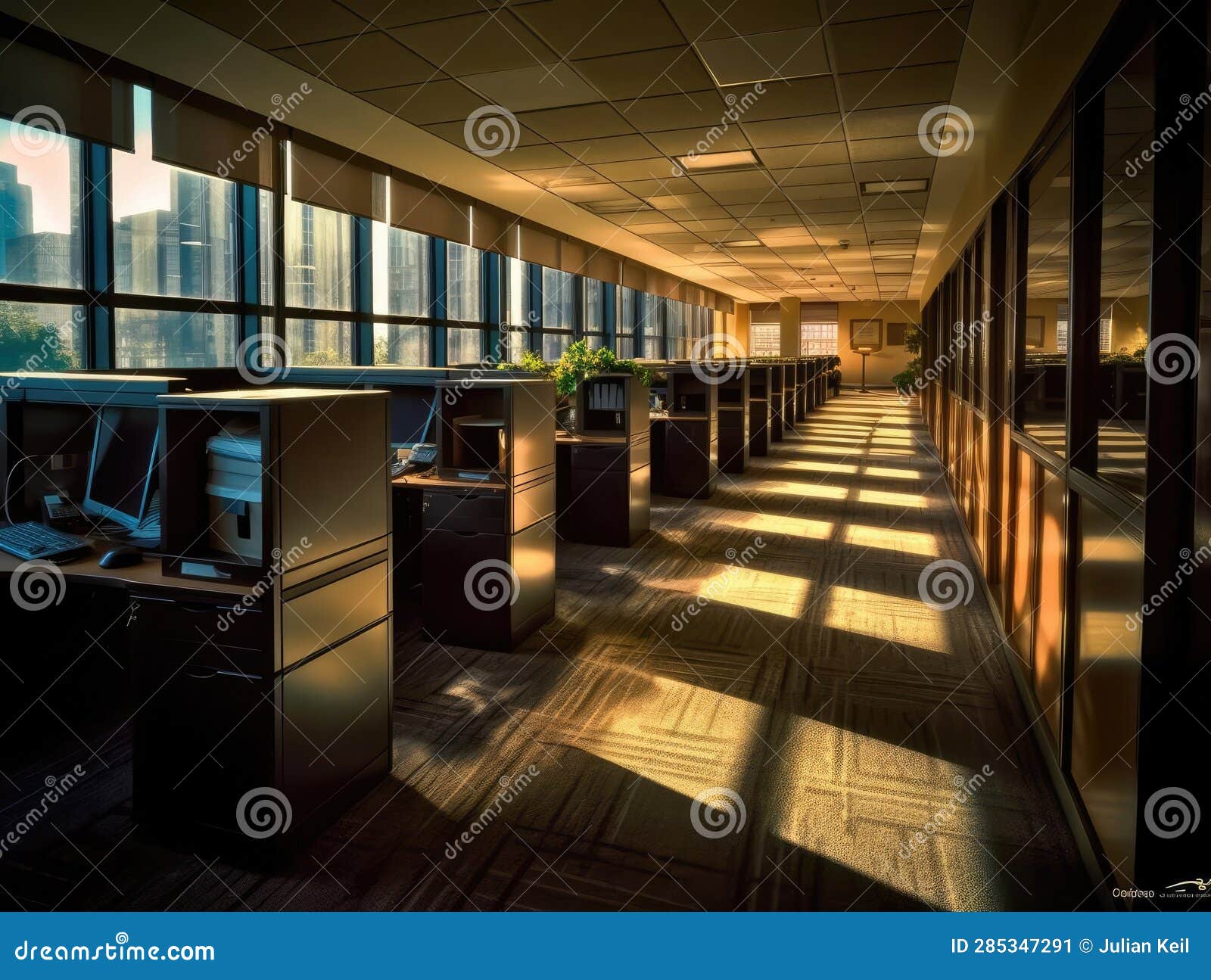 warm sunlight illuminates empty office cubicles
