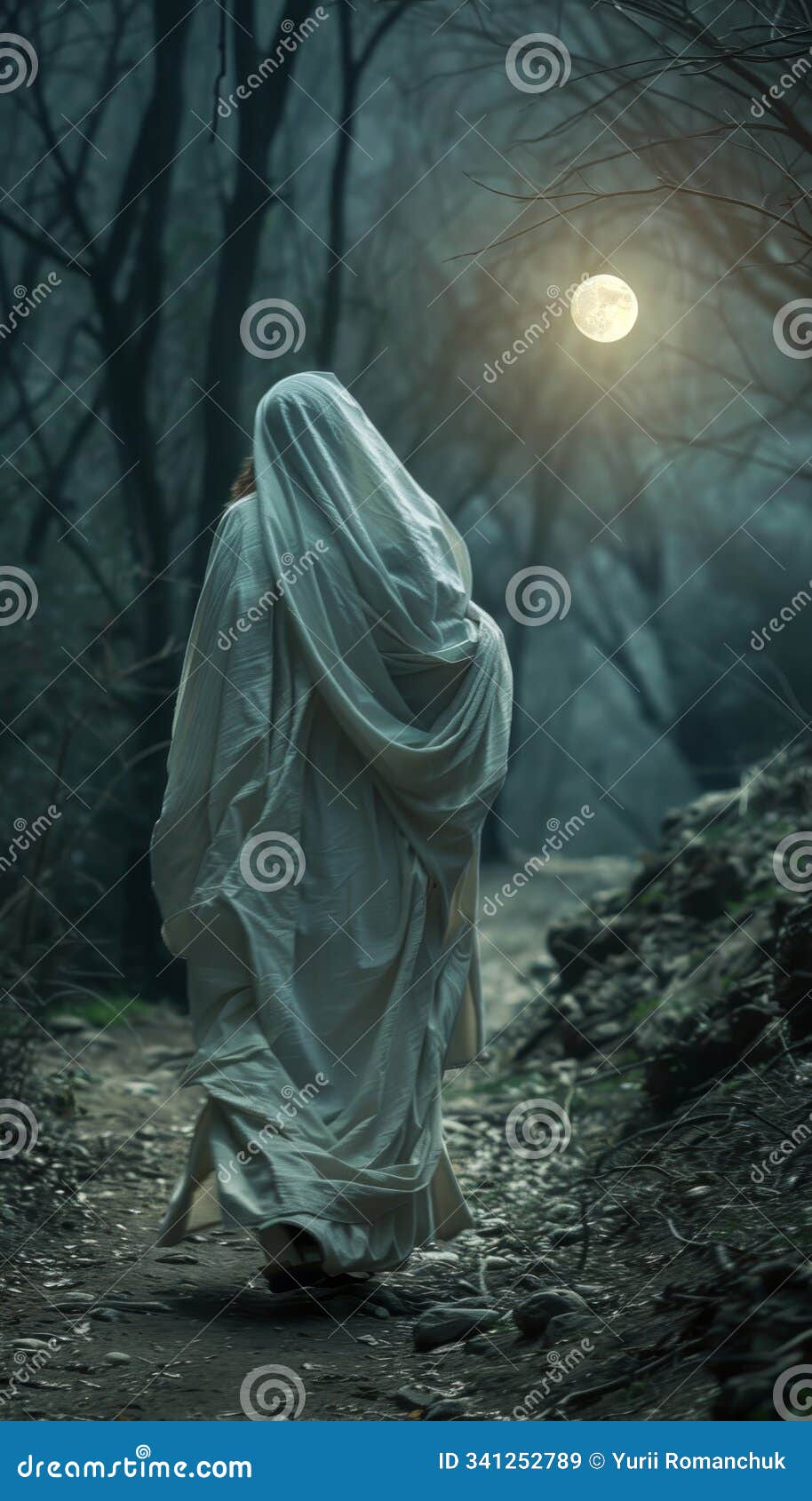 serene image of jesus walking in a moonlit forest, enveloped in a white robe amidst nature s calm