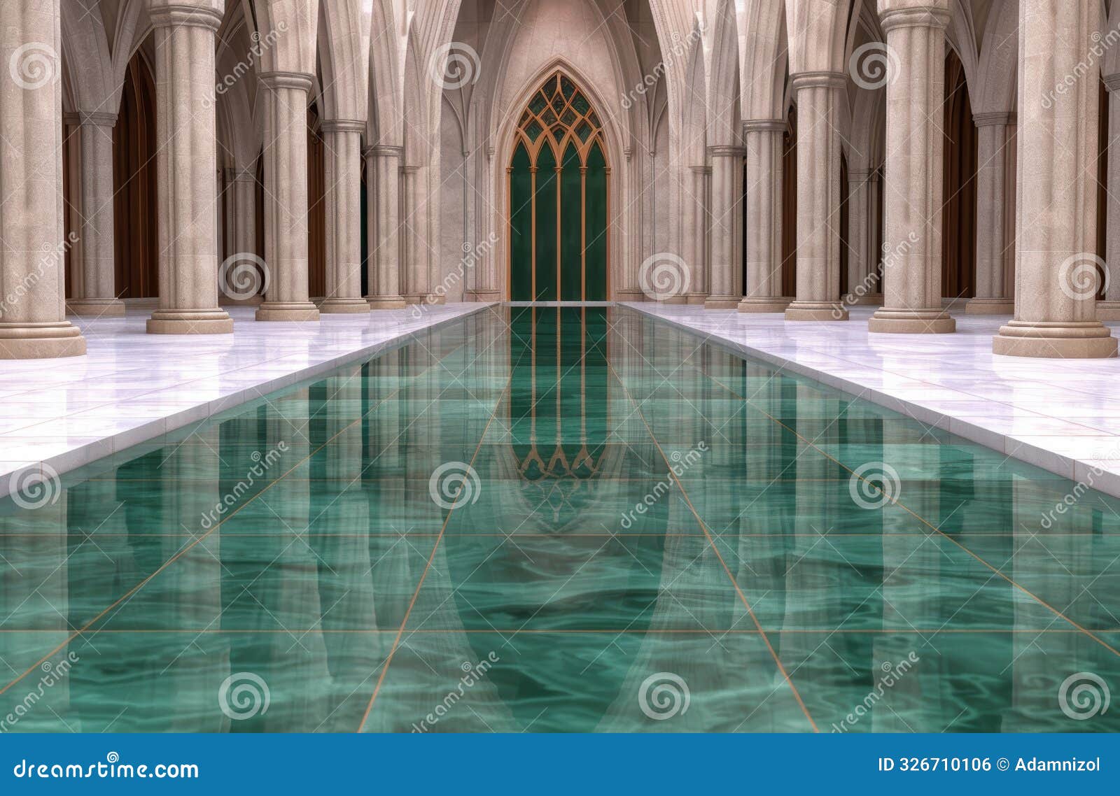 serene indoor pool in ornate cathedral-like architecture