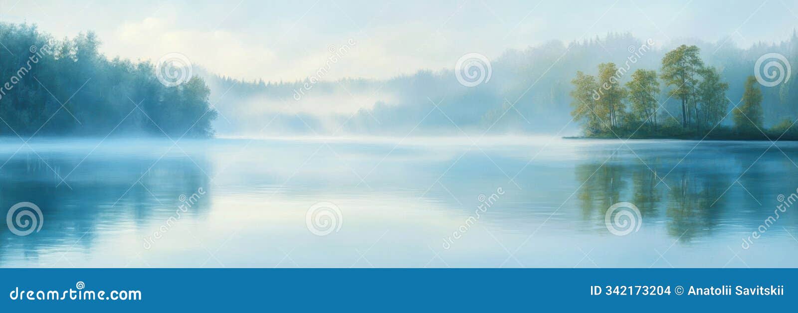 the serene lake is shrouded in mist, capturing the peacefulness of early morning as greenery reflects on the still
