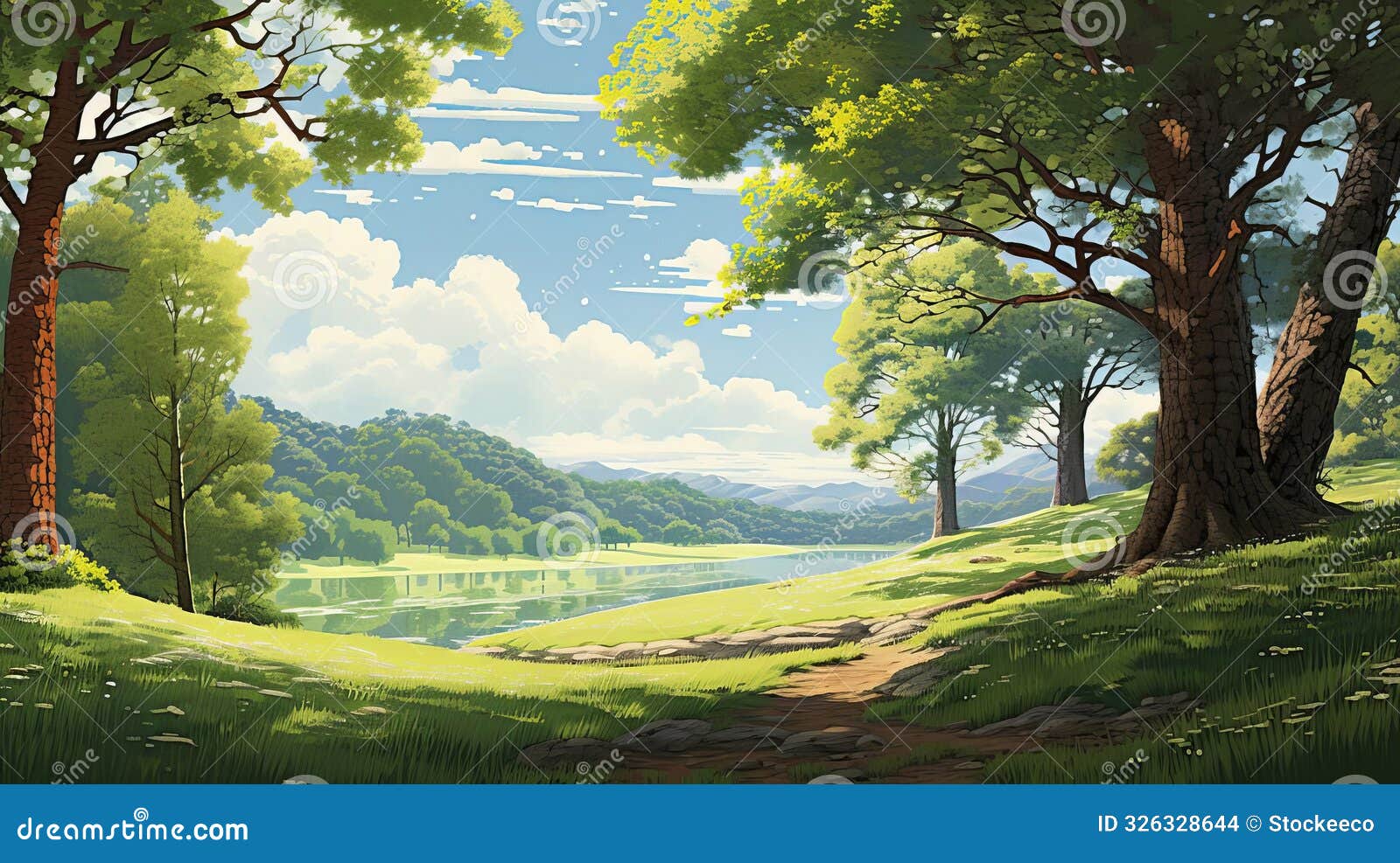 serene morning meadow with canopy tree and lake scene