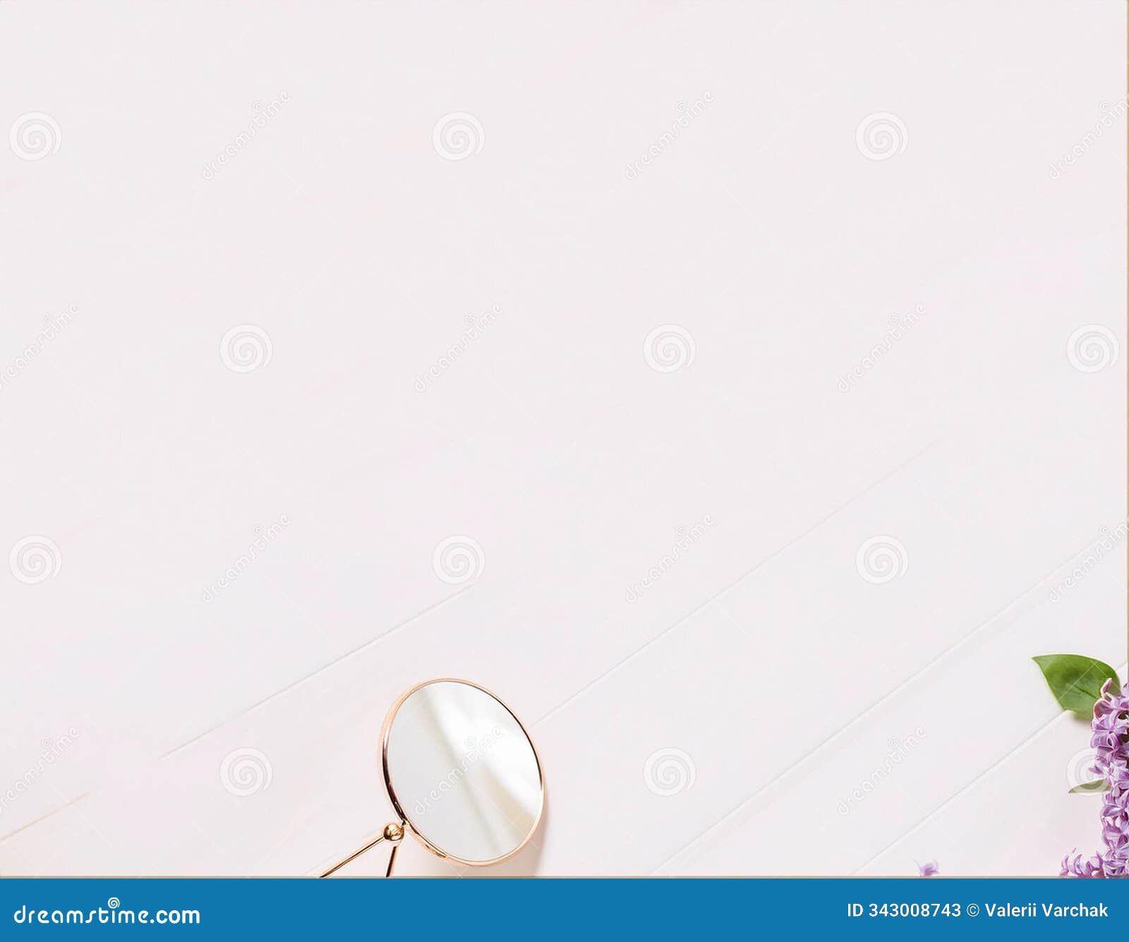 harmony among s lilac flower, mirror, and notepad on wooden background