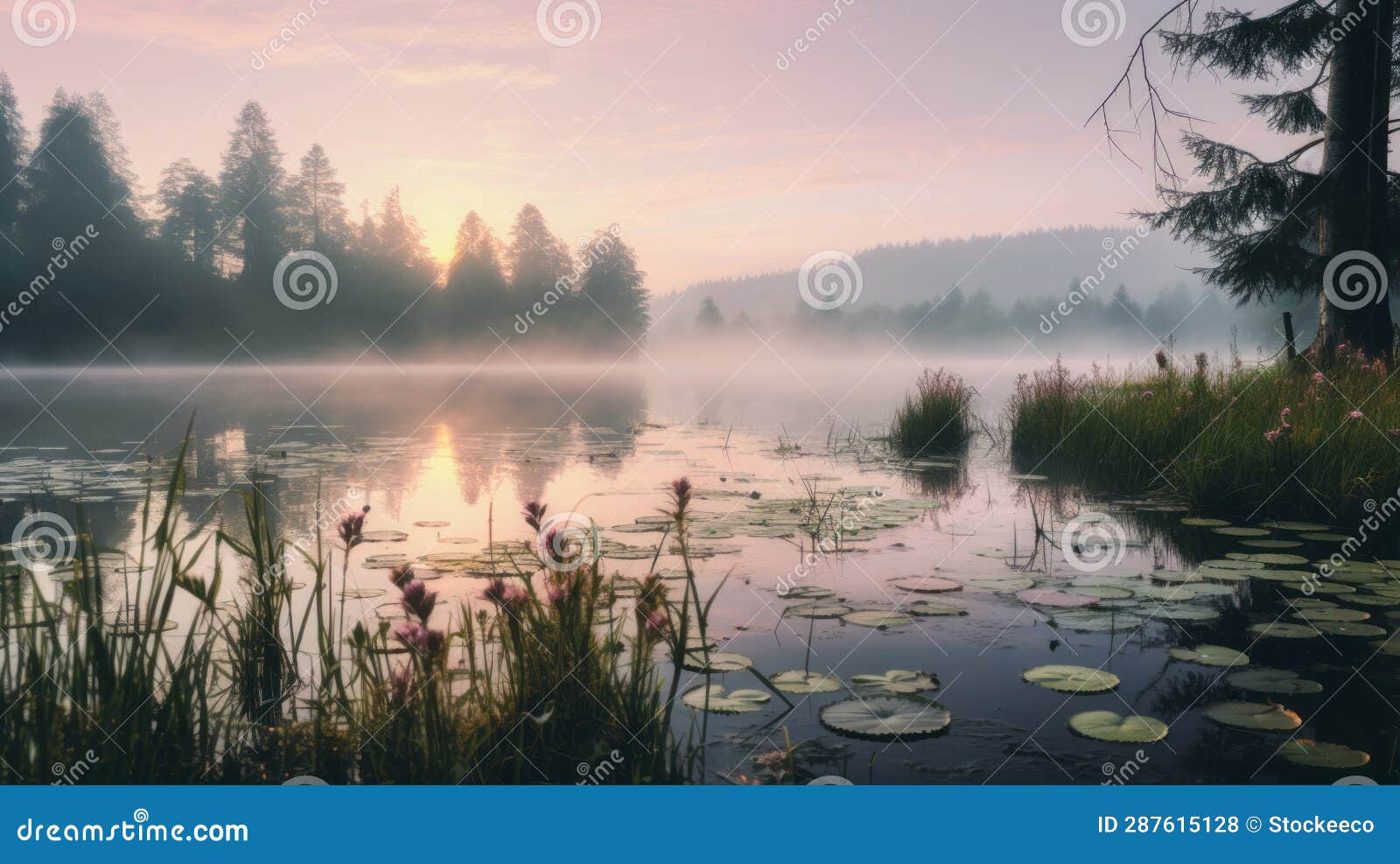 serene misty lake at sunrise with whimsical wilderness
