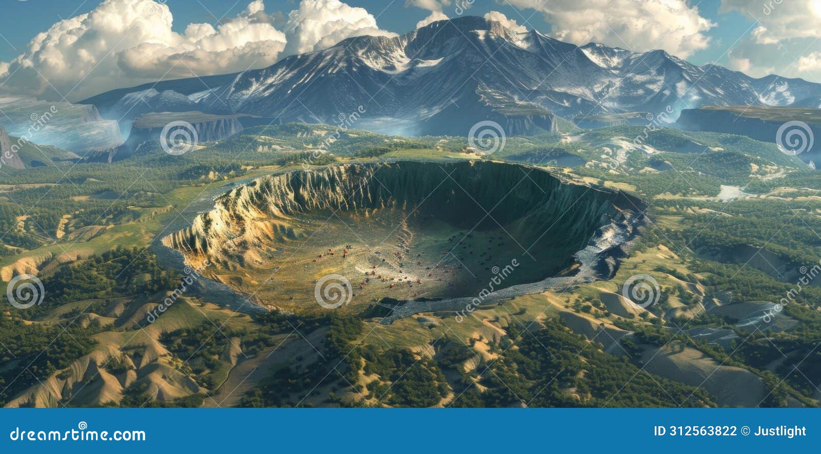 a serene mountain range is suddenly interrupted by a monstrous crater indicating the ferocity of a meteorites collision
