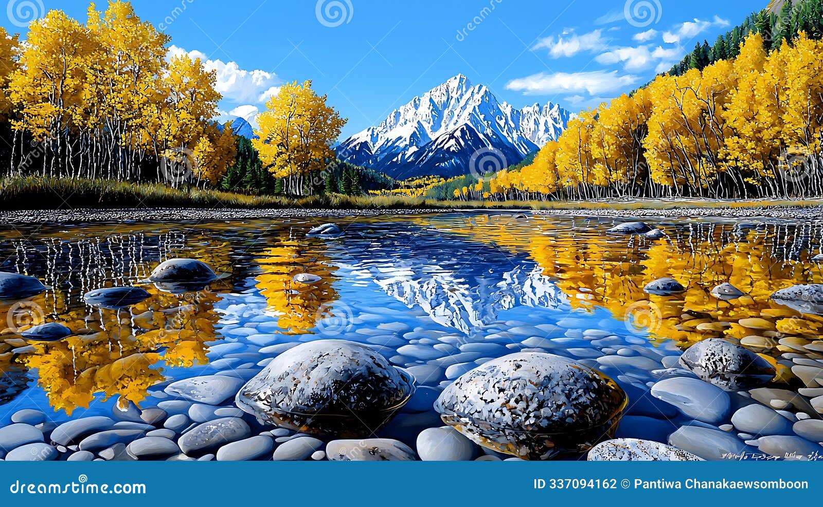 serene mountain reflection in autumn landscape, surrounded by vibrant autumn trees.