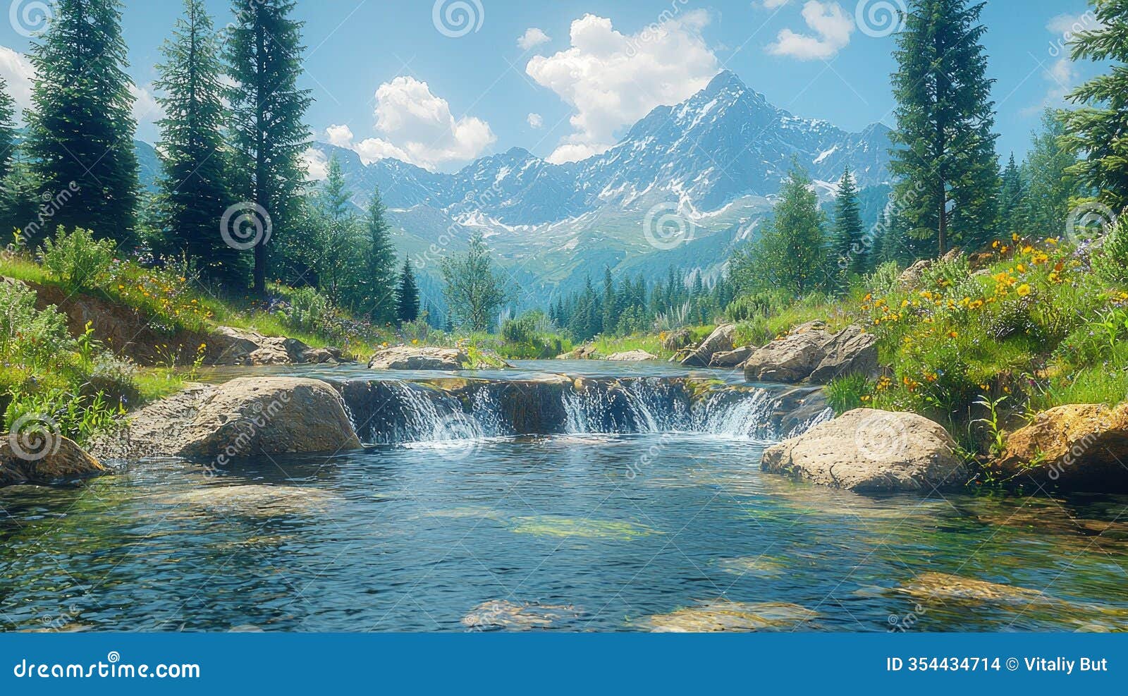 serene mountain spring flows gently over smooth stones reflecting lush green moss and colorful wildflowers around it