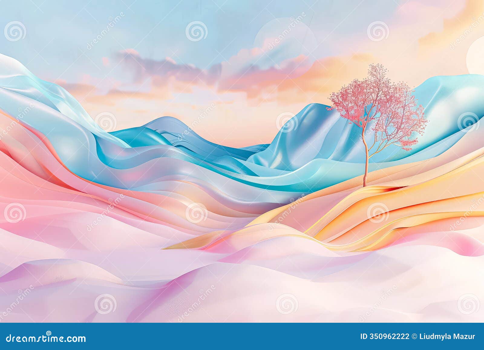 serene and picturesque landscape with a pink and blue hill, adorned with pink and blue trees.