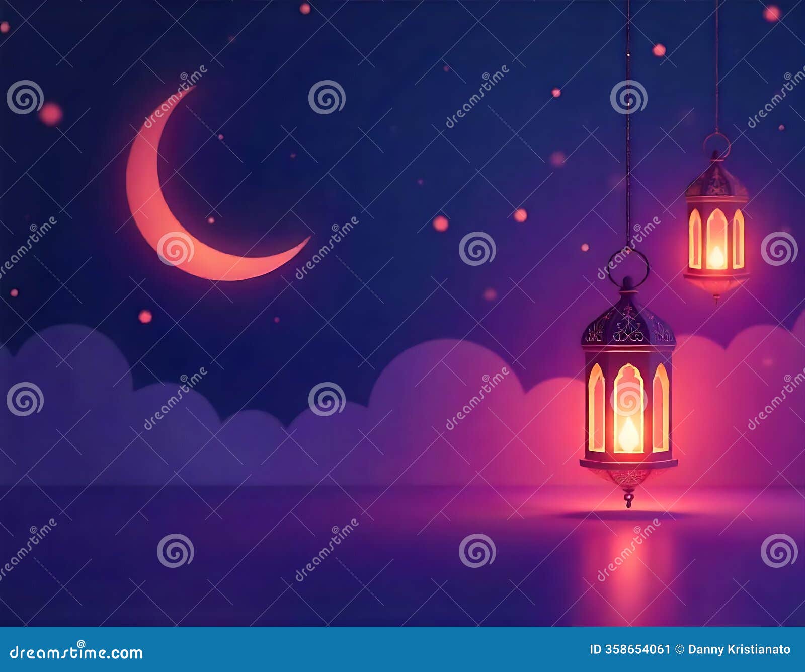 glowing ramadan lanterns night scene with crescent moon
