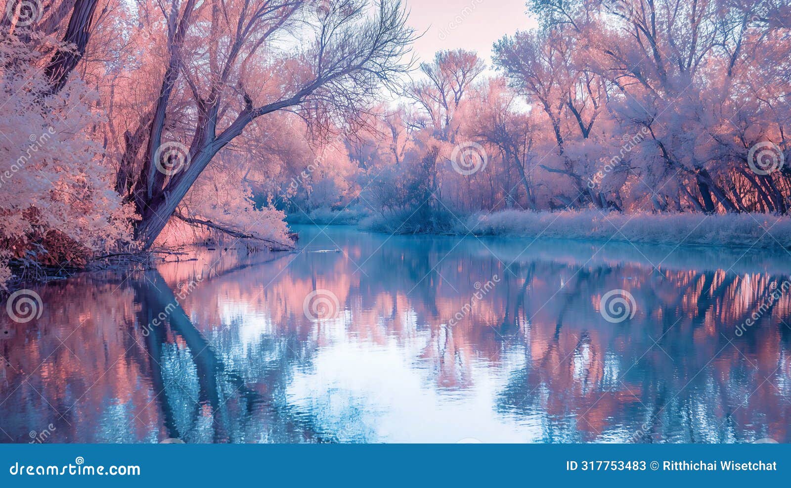 serene river scene with pink-hued trees and reflections in the calm blue water under a pastel sky