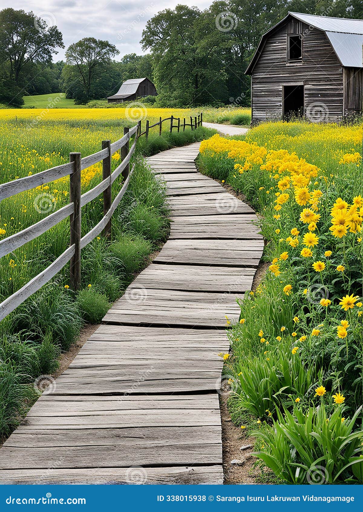 serene rural landscape with a winding path, rustic barn, free-roaming chickens, and misty green pasture