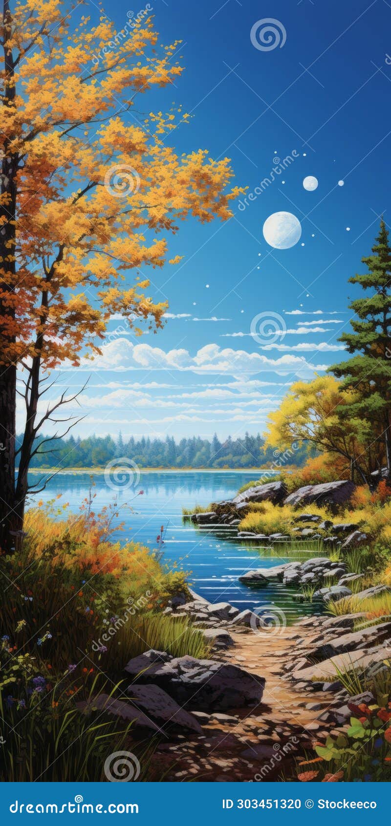 crescent lake: a photorealistic dot-painted nature scene