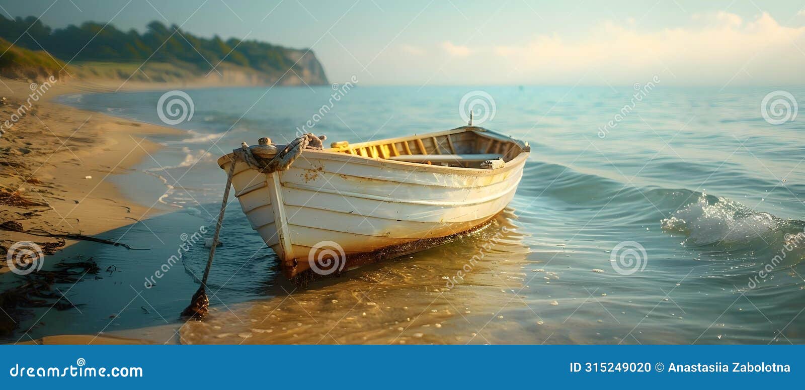 serene shoreline repose with anchored boat. concept beach photography, seaside scene, boat