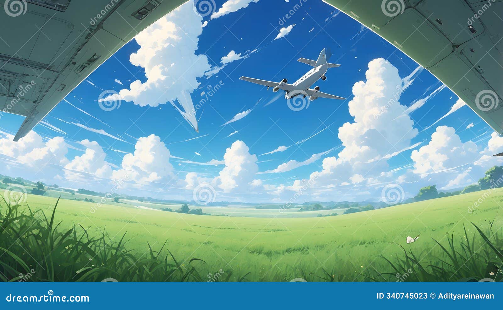 serene sky mural: a  art scene of a plane over a grass field