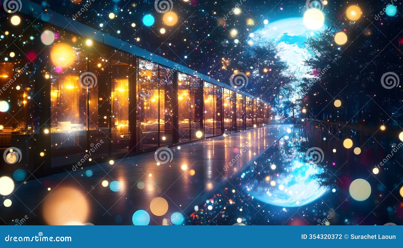 serene space resort illuminated by glowing lights and surrounded by nature, creating magical atmosphere