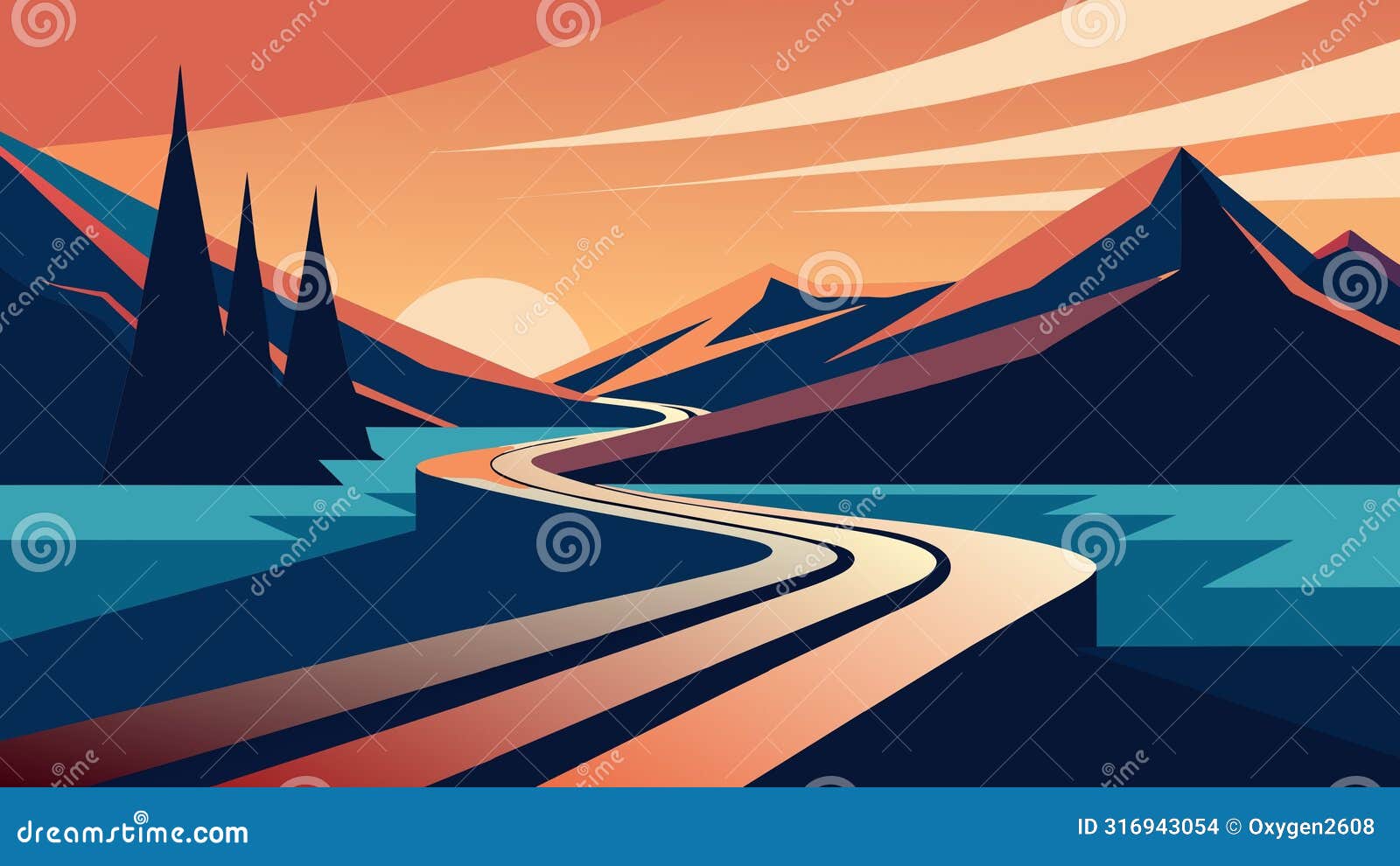 serene sunset mountainscape with winding road
