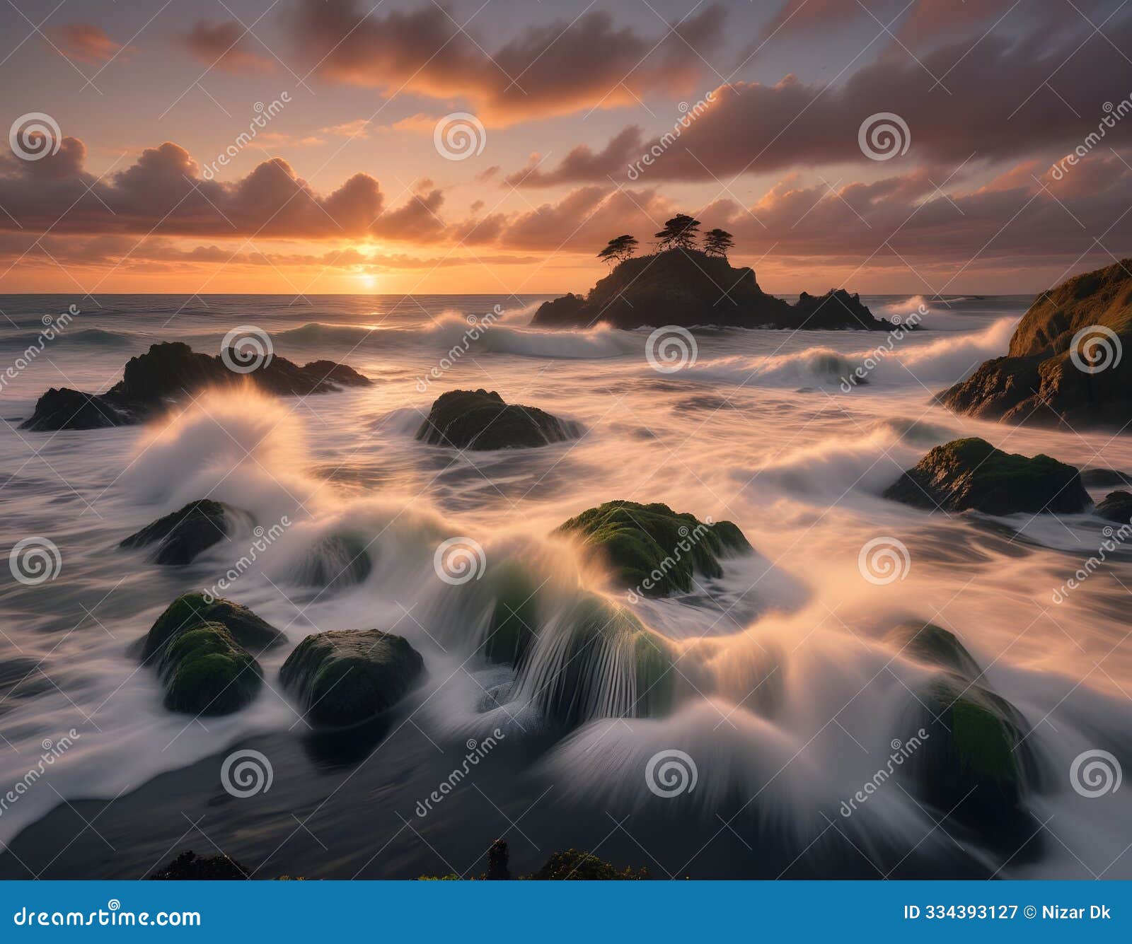 a serene sunset over the ocean, with waves crashing against mossy rocks in the foreground.