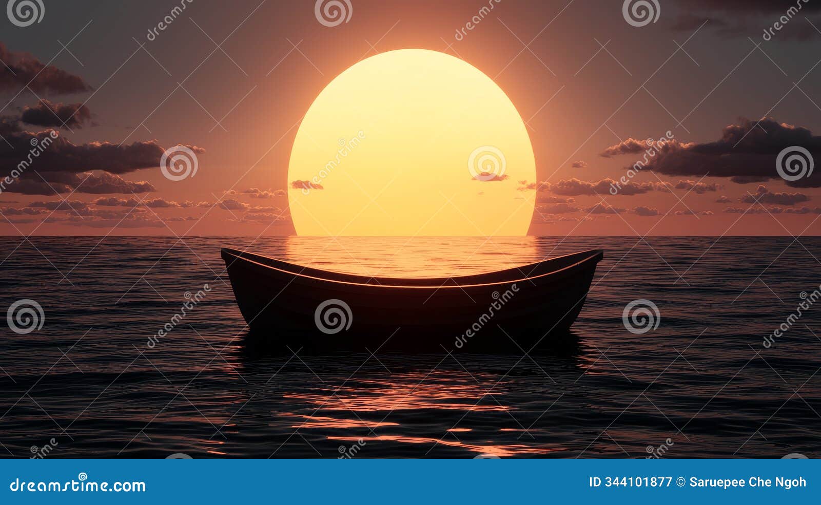 serene sunset over tranquil lake with small boat