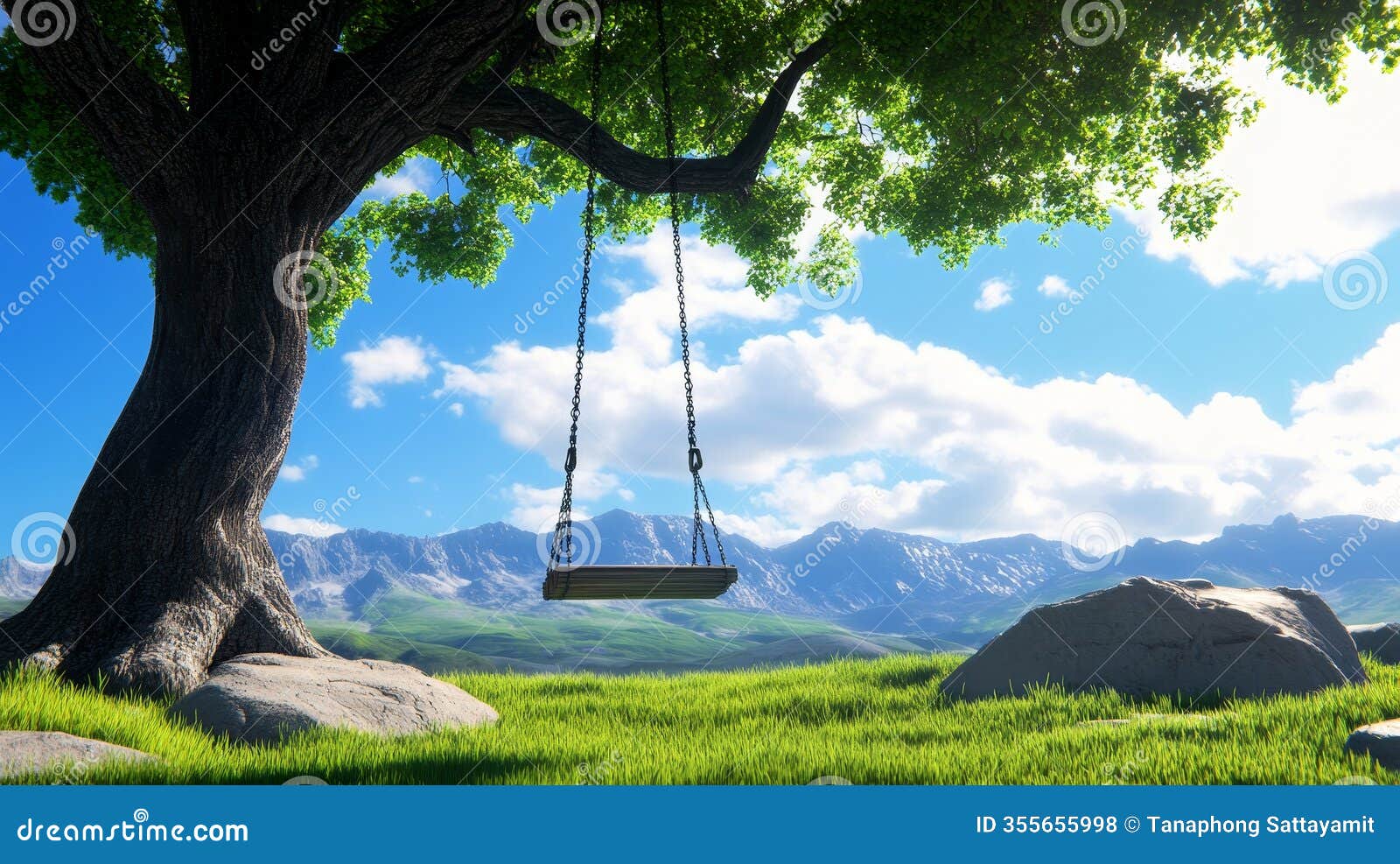 serene swing underneath a tree a peaceful scene of a wooden swing hanging from a large tree overlooking a grassy meadow and