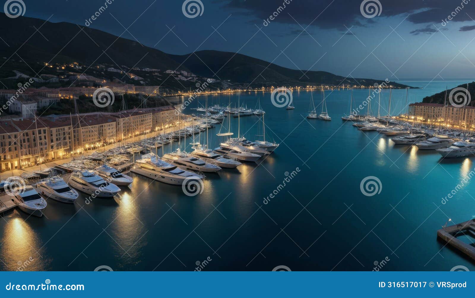 twilight marina vista with luxury yachts