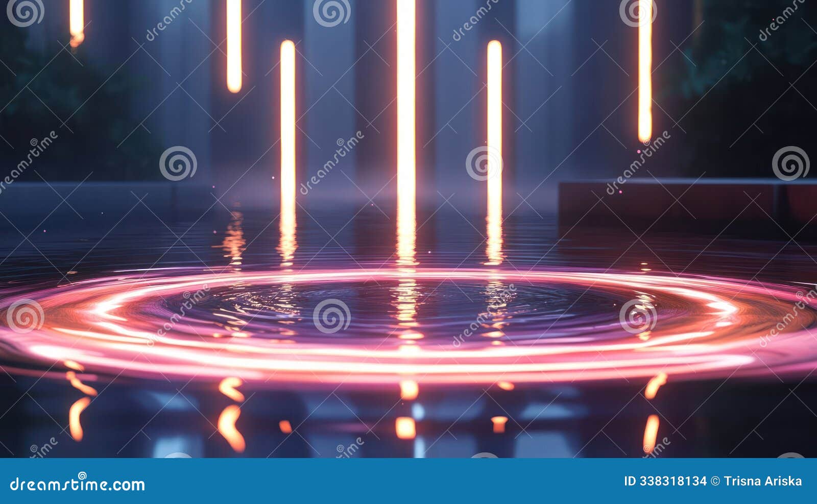 a serene water scene with glowing neon lights creating a tranquil atmosphere
