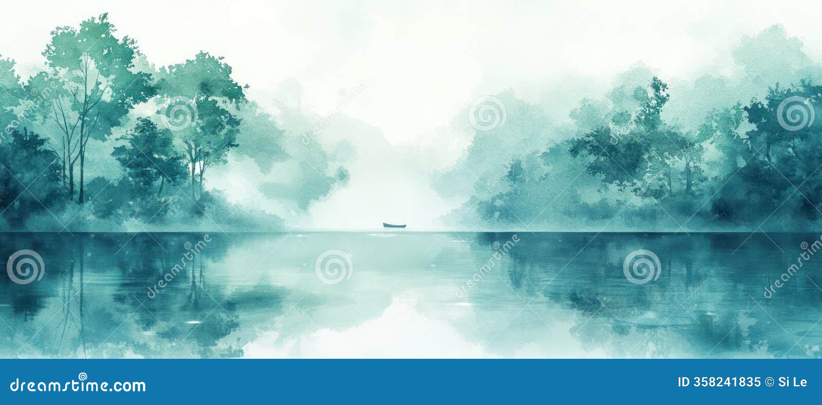tranquil watercolor scene with lush greenery and rowboat, perfect for wellness campaigns and relaxation-themed projects