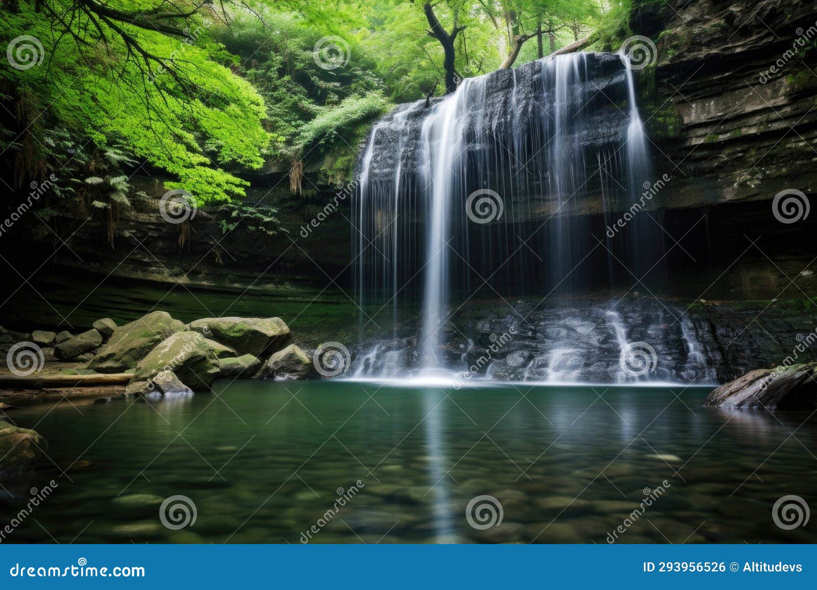 serene waterfall in a dense forest, perfect for qi gong