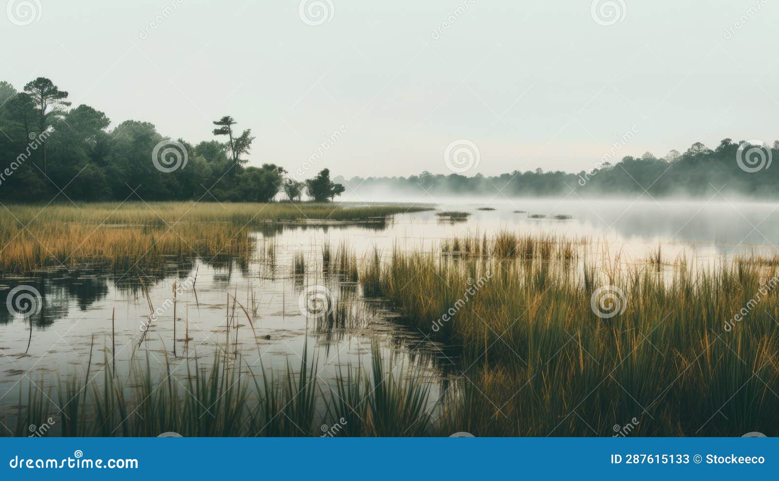Serene Wetland: a Misty Marsh in Retro Southern Countryside Stock